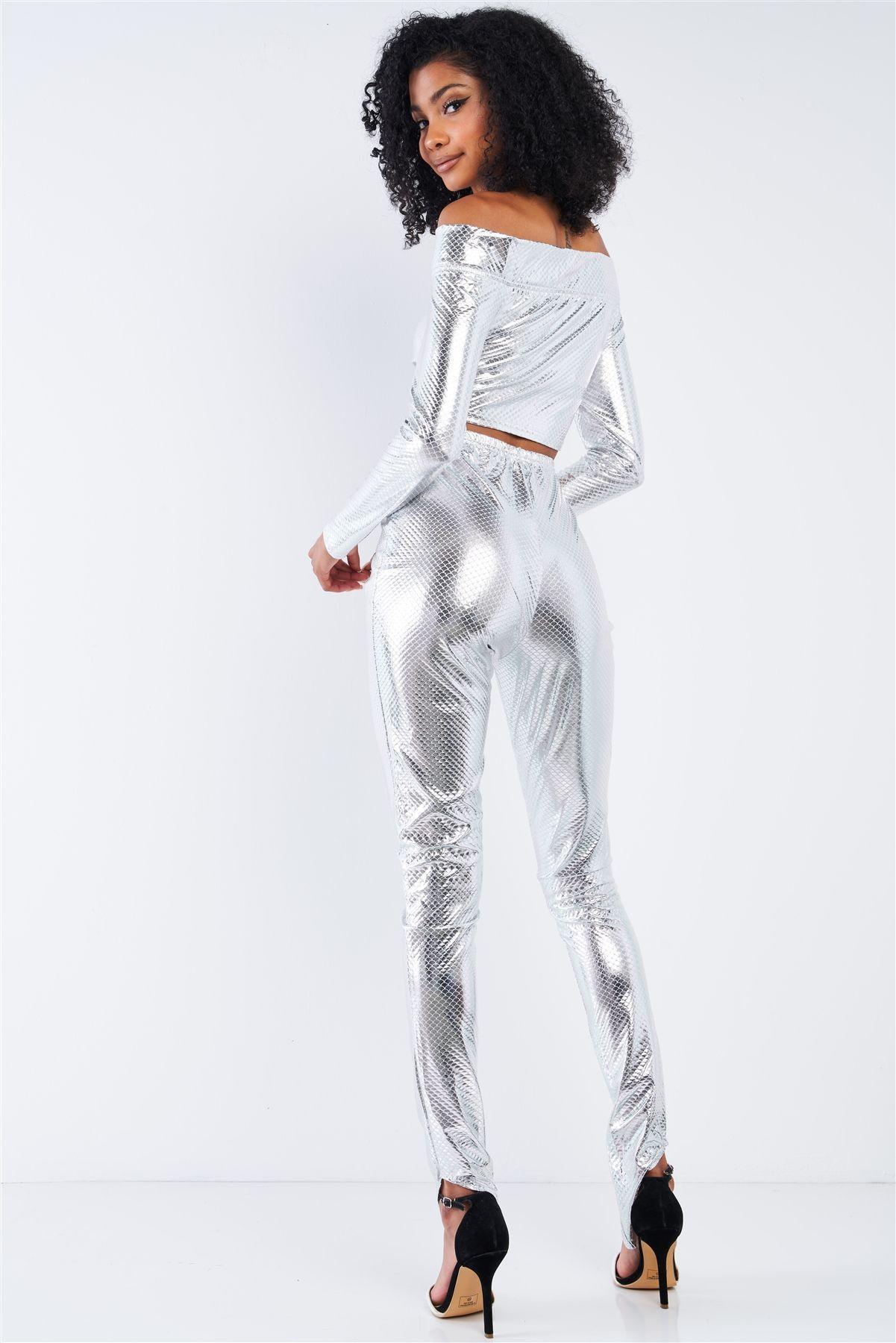 Metallic Small Scales Print Long Sleeve Off-the-shoulder Cropped Top And High Waist Slim Fit Legging Set | Mixtshop LLC