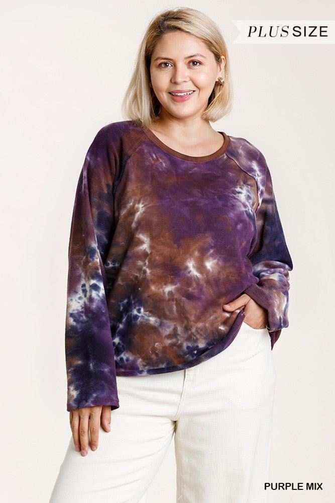 French Terry Tie-dye Raglan Long Sleeve Top With Raw Hem | Mixtshop LLC Main image