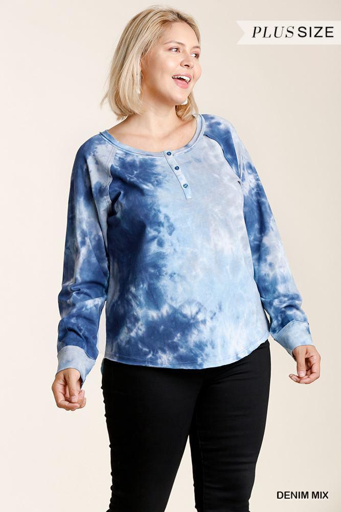 Tie-dye Button Front Long Raglan Sleeve Top With Raw Hem | Mixtshop LLC Main image