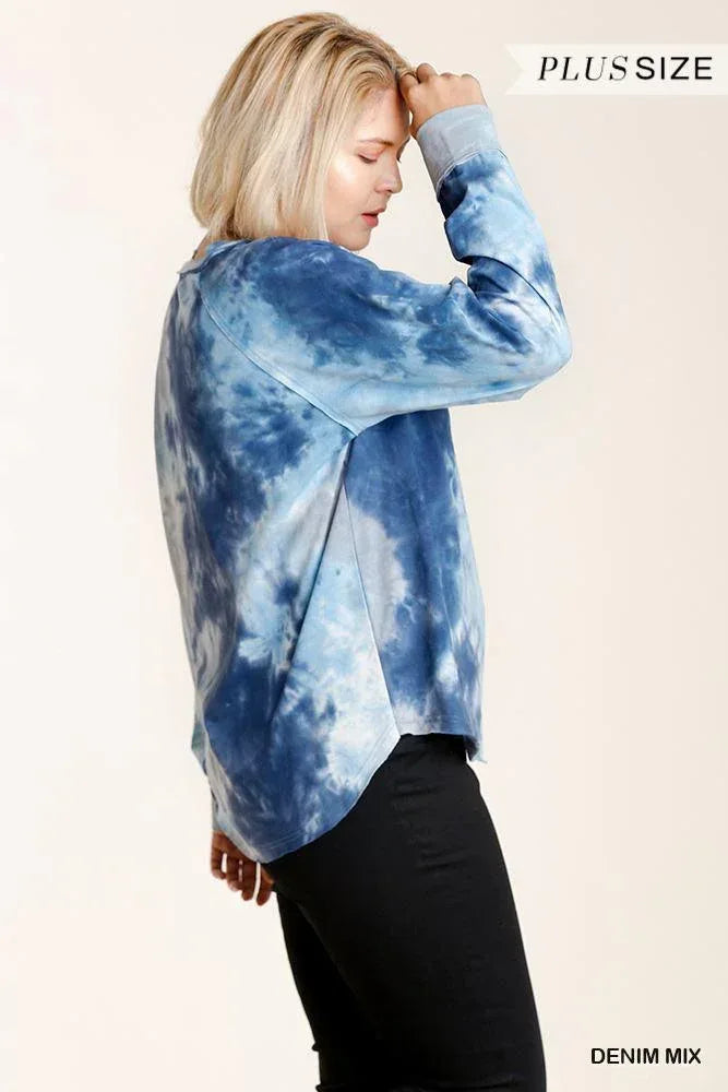 Tie-dye Button Front Long Raglan Sleeve Top With Raw Hem Secondary image