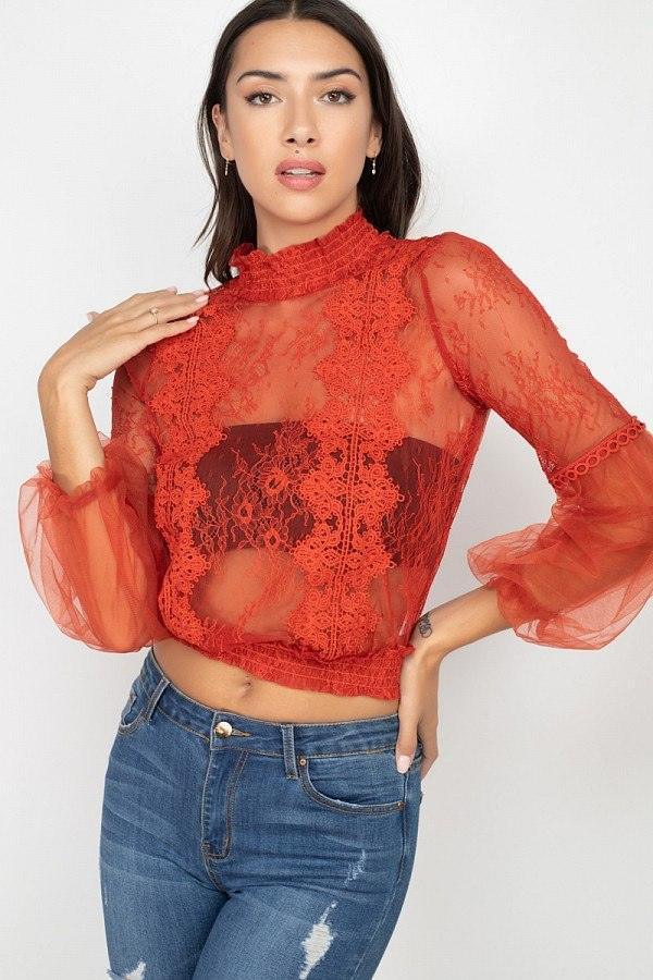 Lace Trim Balloon Sleeve Smocked Top | Mixtshop LLC Main image