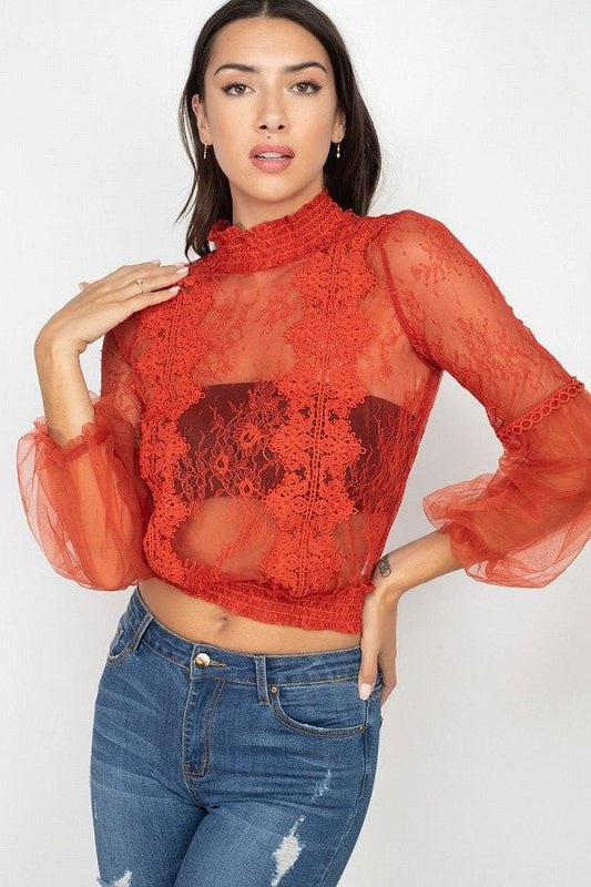 Lace Trim Balloon Sleeve Smocked Top | Mixtshop LLC