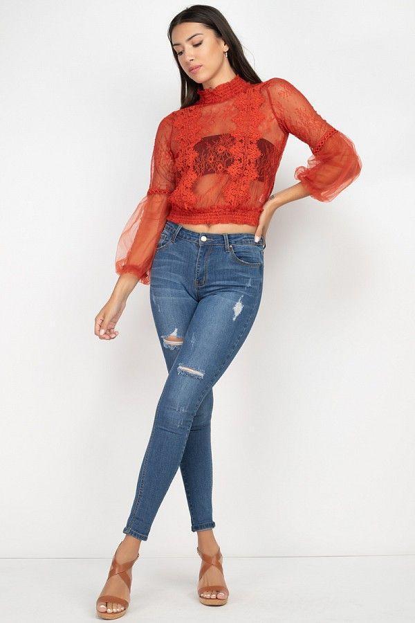 Lace Trim Balloon Sleeve Smocked Top Secondary image