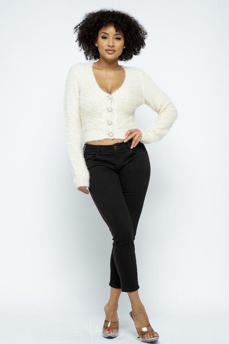 Eyelash Knit Cropped Cardigan With Pearl Button Details | Mixtshop LLC Main image