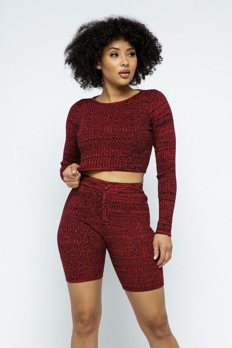 Knit Long Sleeve Cropped Top Knit High-waist Biker Shorts Set | Mixtshop LLC Main image
