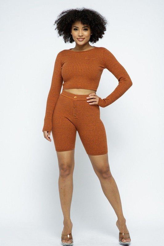 Knit Long Sleeve Cropped Top Knit High-waist Biker Shorts Set | Mixtshop LLC