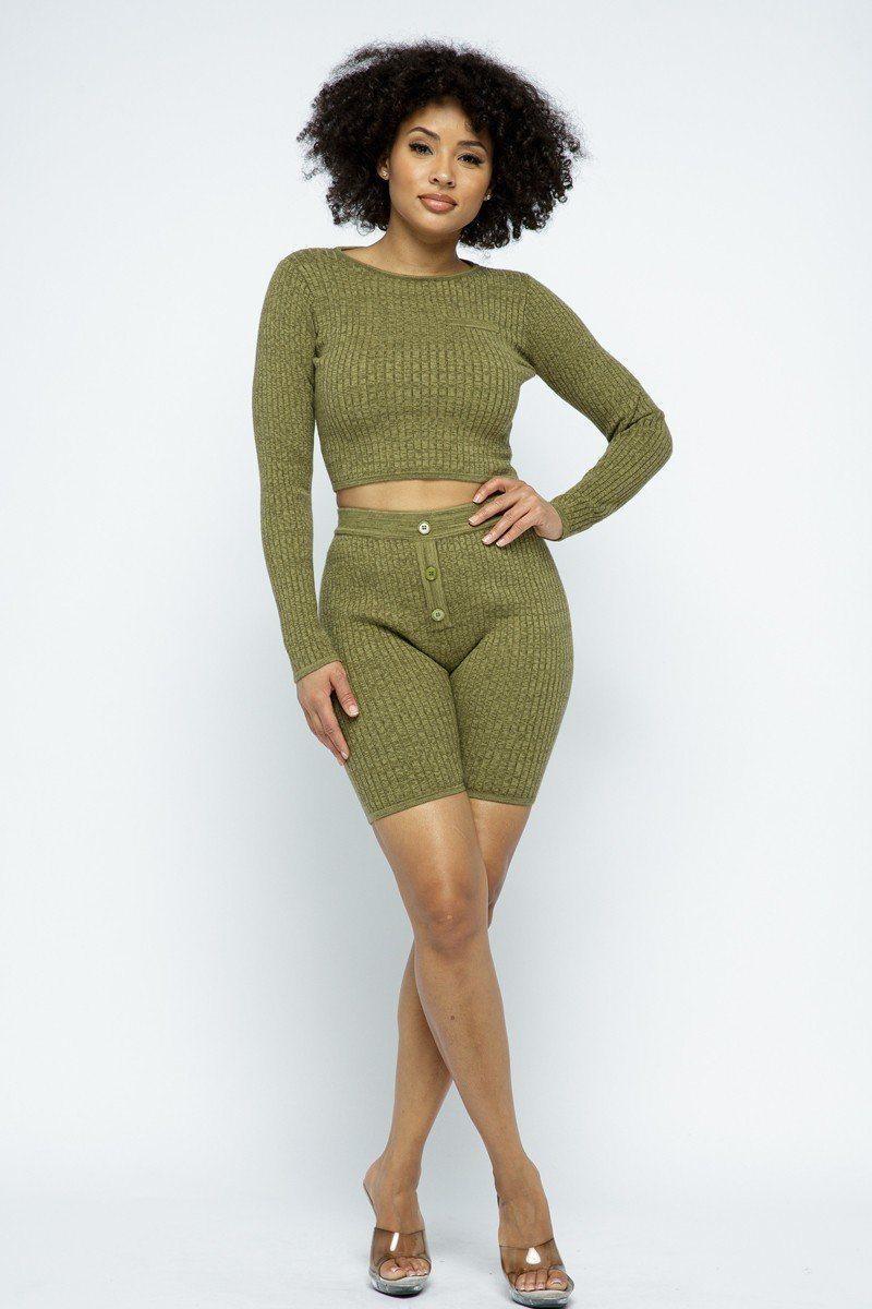 Knit Long Sleeve Cropped Top Knit High-waist Biker Shorts Set Secondary image