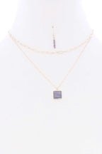 2 Layered Chain Metal Square Marbling Stone Pendant Necklace | Mixtshop LLC
