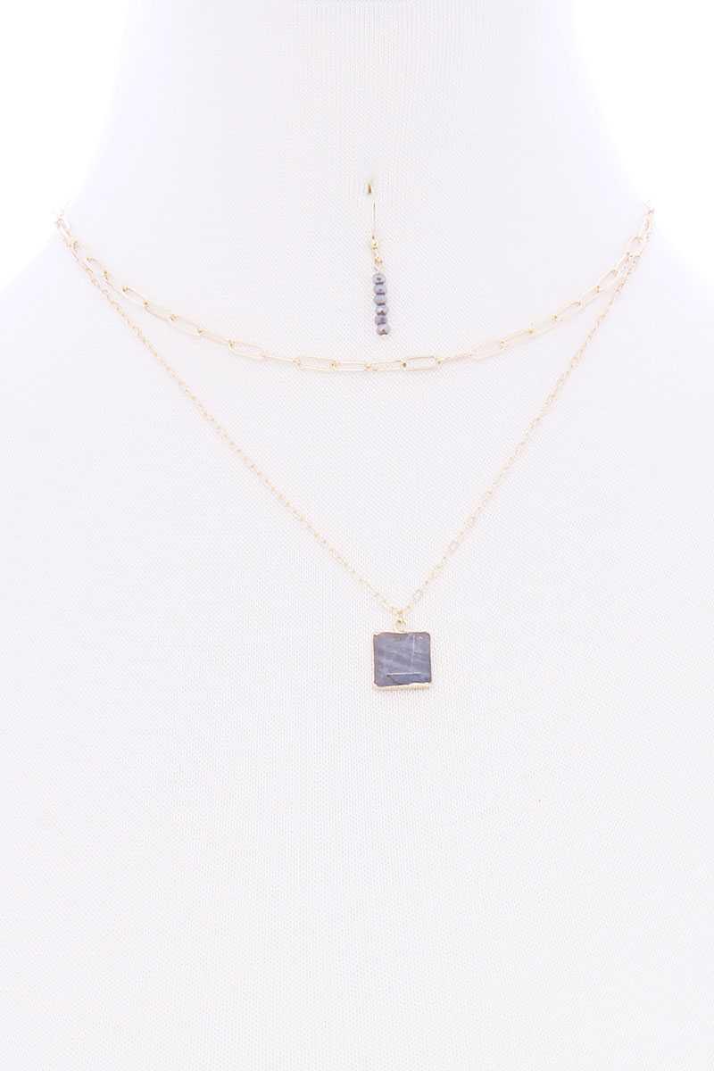 2 Layered Chain Metal Square Marbling Stone Pendant Necklace | Mixtshop LLC