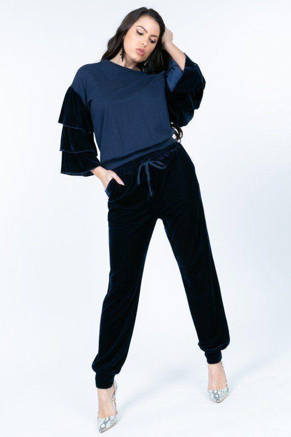 Tiered Velvet Ruffle Sleeve Pullover Crewneck Top | Mixtshop LLC Main image