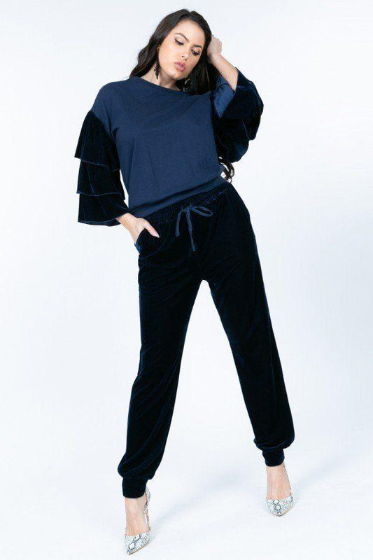 Tiered Velvet Ruffle Sleeve Pullover Crewneck Top | Mixtshop LLC