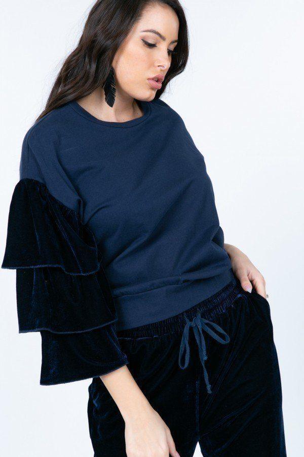 Tiered Velvet Ruffle Sleeve Pullover Crewneck Top Secondary image