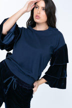 Tiered Velvet Ruffle Sleeve Pullover Crewneck Top | Mixtshop LLC