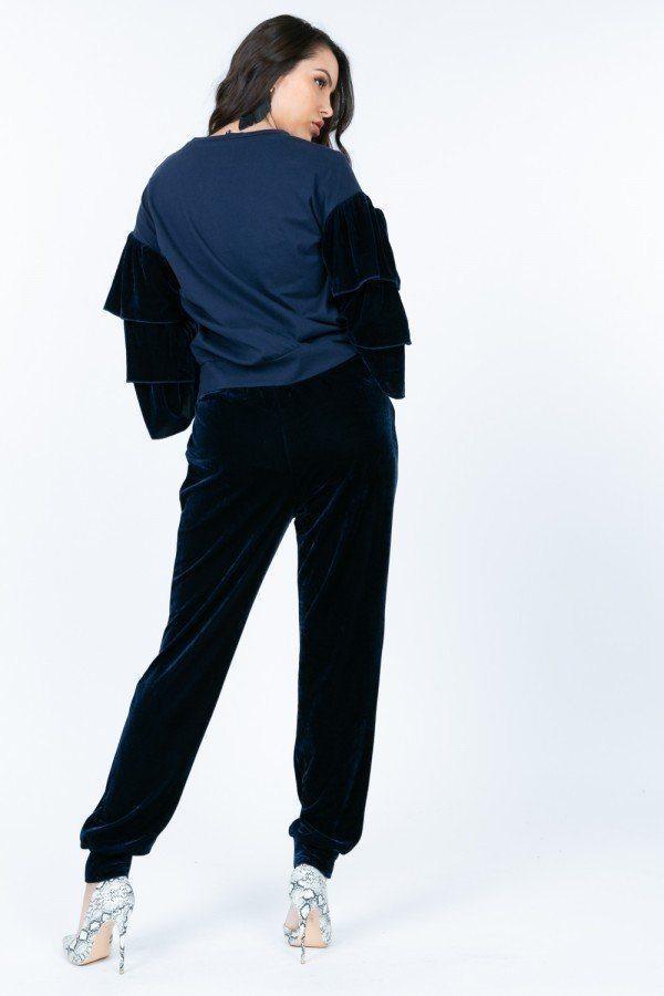 Tiered Velvet Ruffle Sleeve Pullover Crewneck Top | Mixtshop LLC