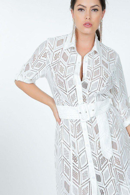 Belted Hi Low Placket Lace Shirt Dress | Mixtshop LLC