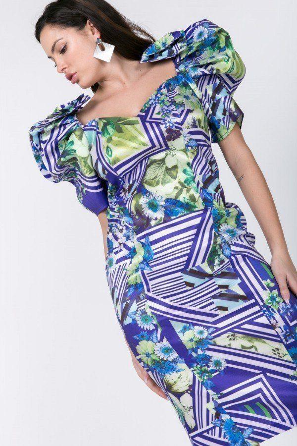 Puff Sleeve Bodycon Print Dress | Mixtshop LLC Main image