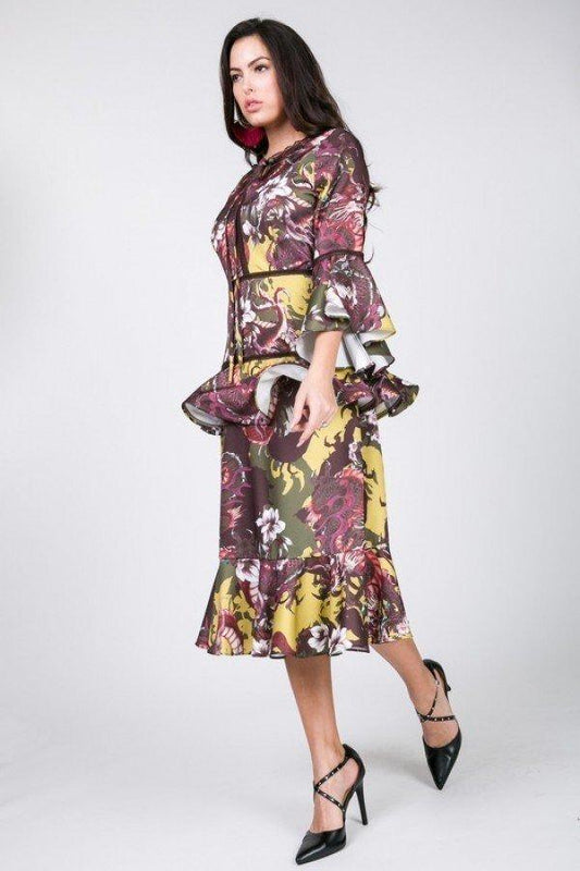 Cascade Ruffle Sleeve Frill Tiered Bottom Print Midi Dress | Mixtshop LLC