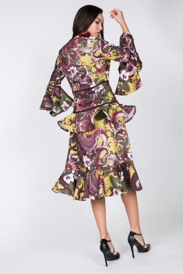 Cascade Ruffle Sleeve Frill Tiered Bottom Print Midi Dress | Mixtshop LLC