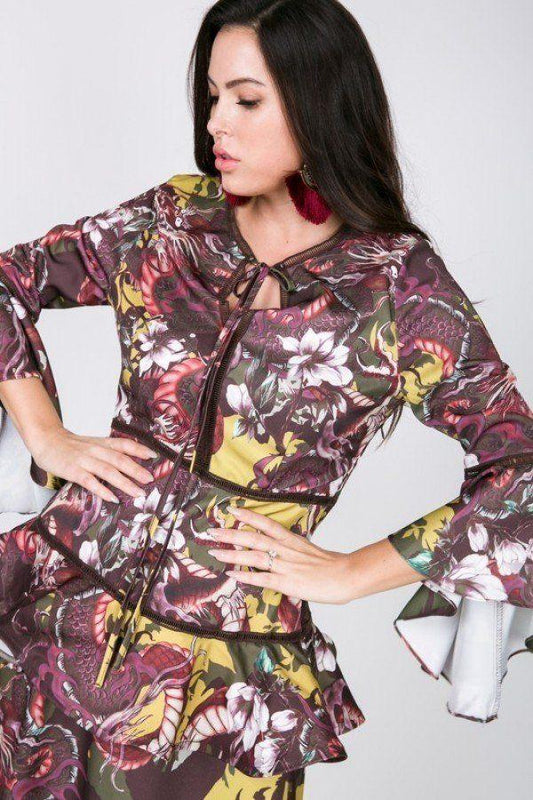 Cascade Ruffle Sleeve Frill Tiered Bottom Print Midi Dress | Mixtshop LLC