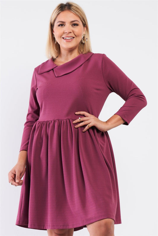Plus Pleated Preppy Fit & Flare Long Sleeve Asymmetrical Peter Pan Collar Mini Dress | Mixtshop LLC