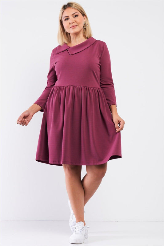 Plus Pleated Preppy Fit & Flare Long Sleeve Asymmetrical Peter Pan Collar Mini Dress | Mixtshop LLC