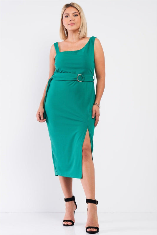 Plus Sleeveless Asymmetrical Shoulder Front Slit Detail Belted Dress | Mixtshop LLC