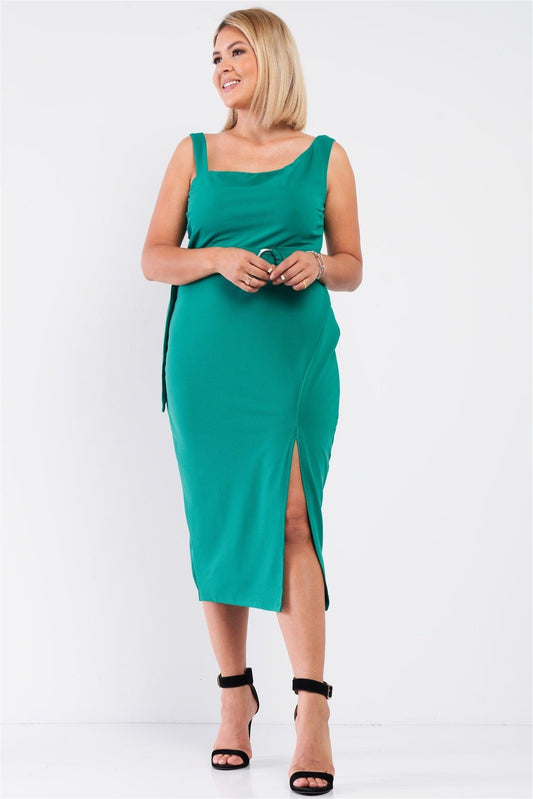 Plus Sleeveless Asymmetrical Shoulder Front Slit Detail Belted Dress | Mixtshop LLC