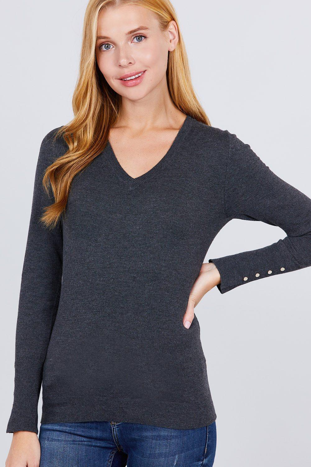V-neck Sweater W/rivet Button | Mixtshop LLC Main image