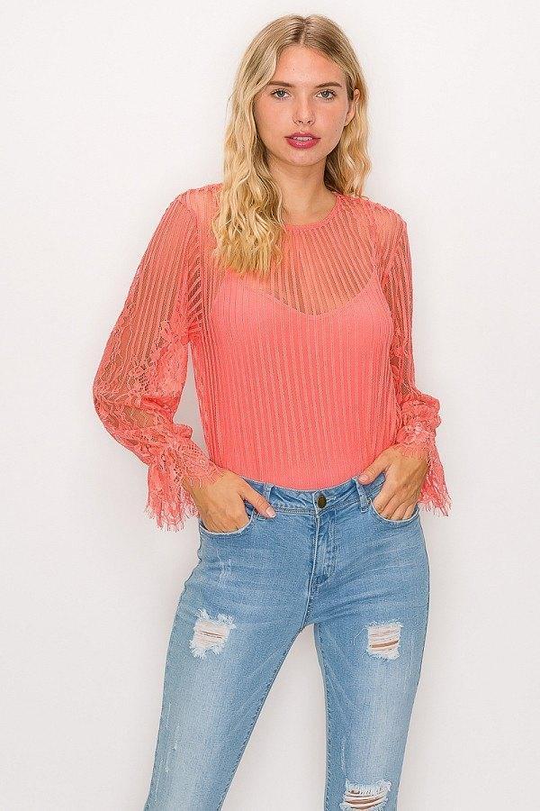 Lace Trim Shadow Stripe Bodysuit | Mixtshop LLC Main image