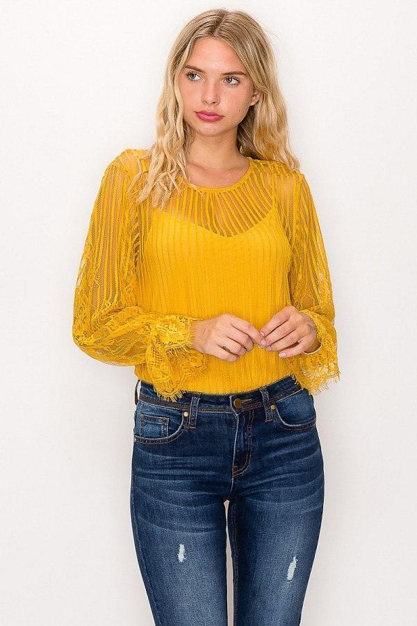 Lace Trim Shadow Stripe Bodysuit | Mixtshop LLC Main image
