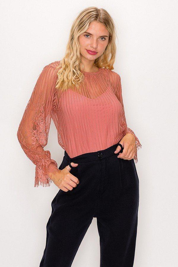 Lace Trim Shadow Stripe Bodysuit | Mixtshop LLC Main image