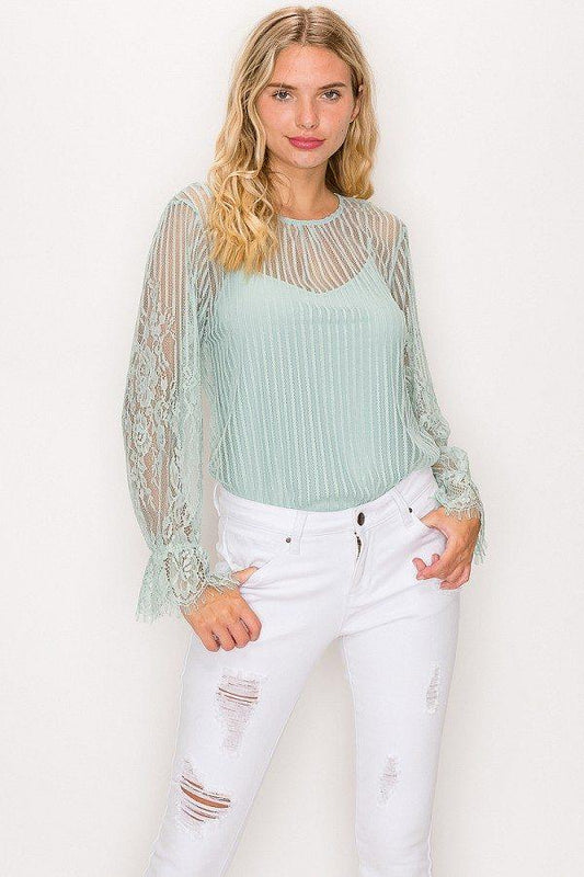 Lace Trim Shadow Stripe Bodysuit | Mixtshop LLC