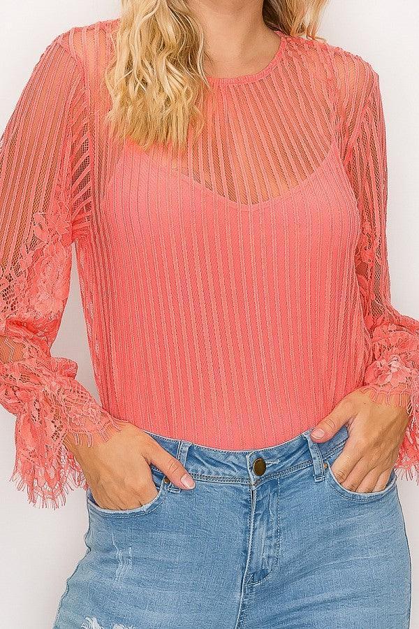 Lace Trim Shadow Stripe Bodysuit | Mixtshop LLC