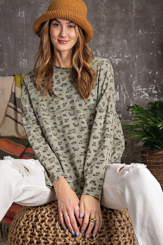 Leopard Printed Garment Dye Loose Fit Knit Top | Mixtshop LLC
