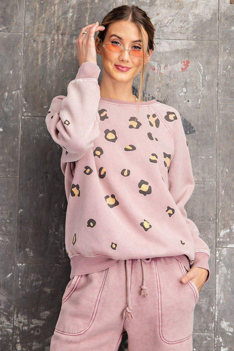 Long Sleeve Leopard Print Washed Terry Sweatshirt | Mixtshop LLC
