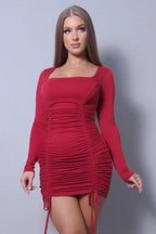 Sexy & Chic Long Sleeve Square Neck Ruching Tie Basic Dress | Mixtshop LLC
