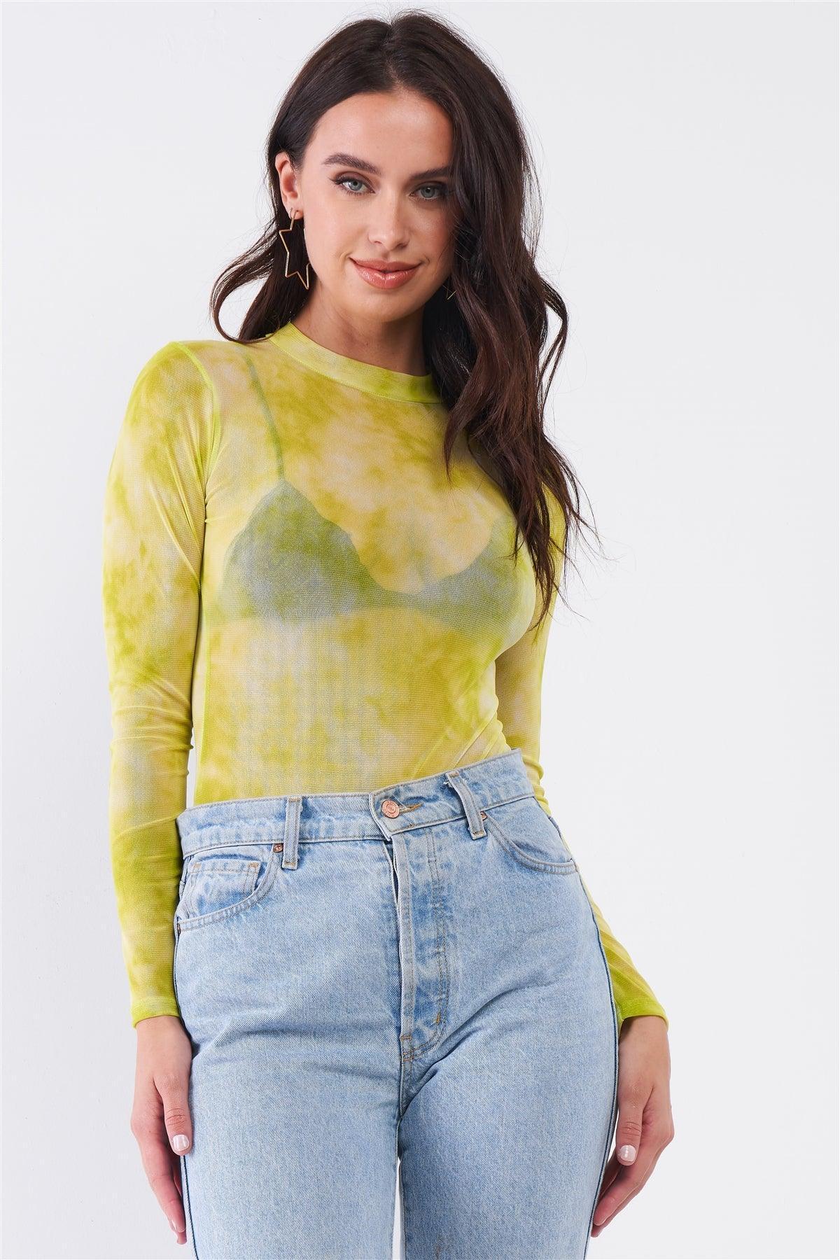 Neon Green Sexy Sheer Mesh Long Sleeve Mock Neck Bodysuit | Mixtshop LLC Main image