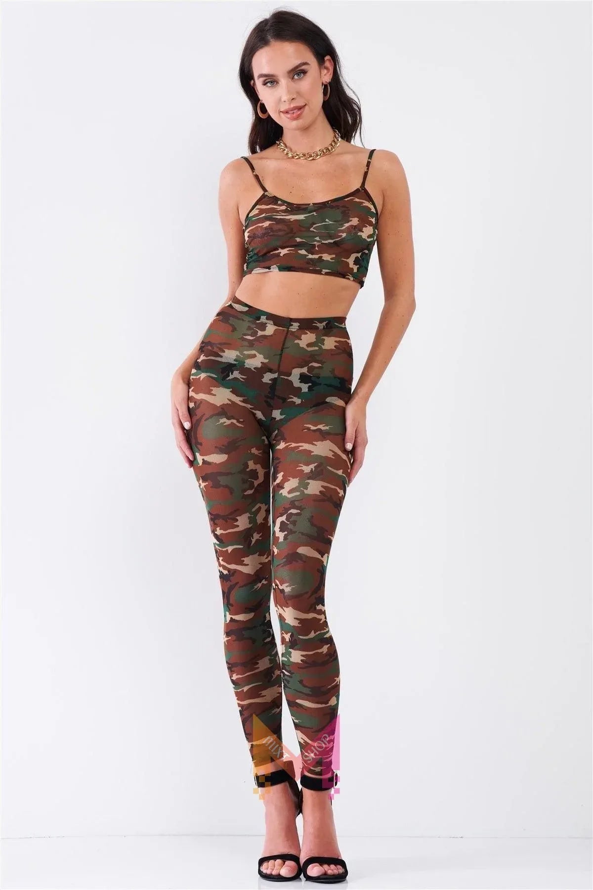 Sexy Sheer Mesh Sleeveless Crop Top & High Waist Legging Set Secondary image