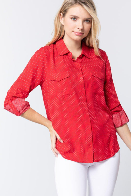 3/4 Roll Up Slv Dot Print Shirt | Mixtshop LLC