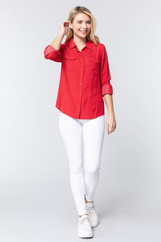 3/4 Roll Up Slv Dot Print Shirt | Mixtshop LLC
