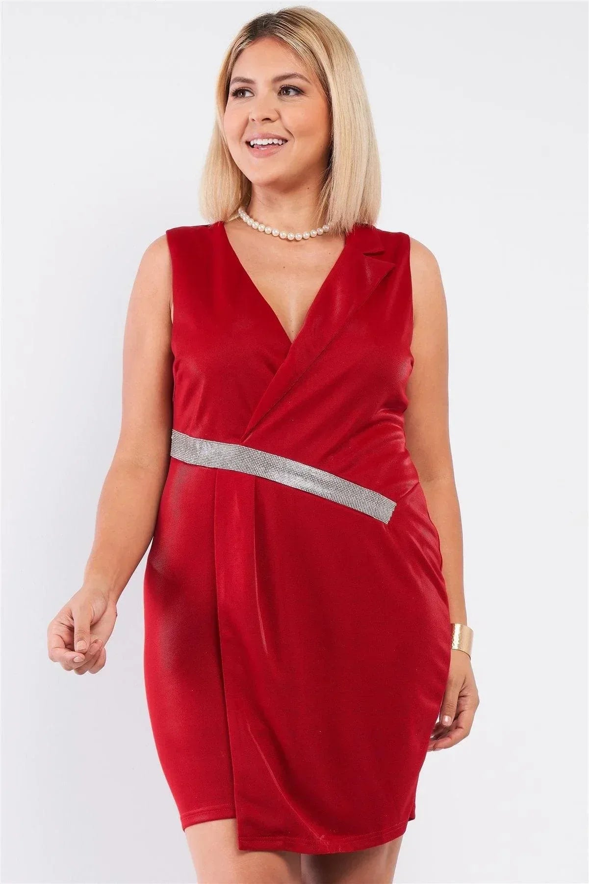 Sleeveless V-neck Asymmetrical Wrap Rhinestones Detail Fitted Mini Blazer Dress | Mixtshop LLC Main image