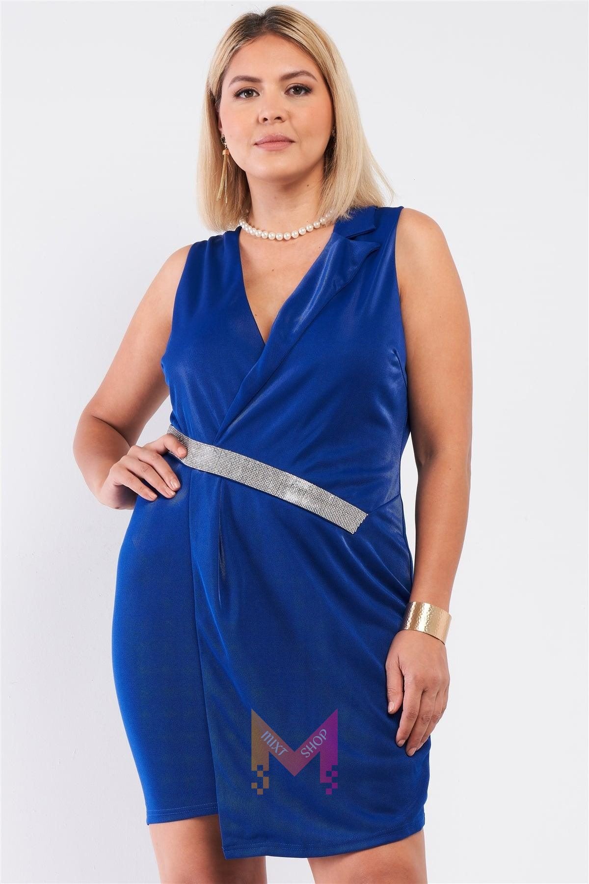 Sleeveless V-neck Asymmetrical Wrap Rhinestones Detail Fitted Mini Blazer Dress | Mixtshop LLC