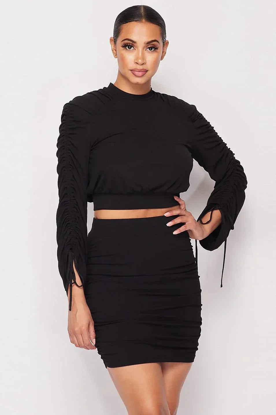 Ruched Long Sleeve And Skirt Set | Mixtshop LLC Main image