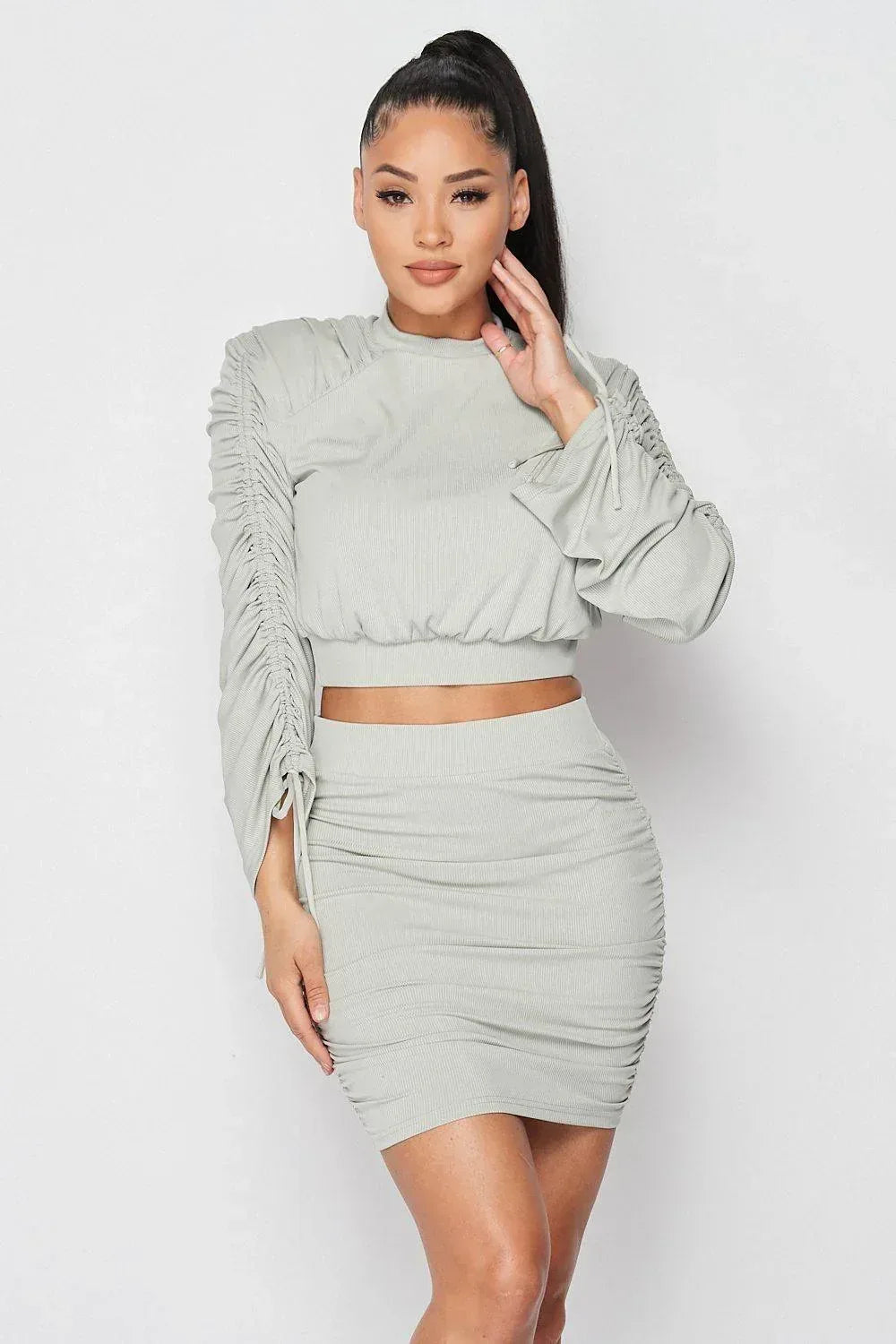 Ruched Long Sleeve And Skirt Set | Mixtshop LLC Main image
