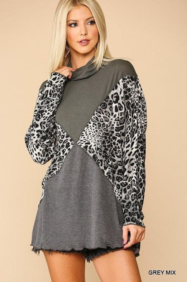 Solid And Animal Print Mixed Knit Turtleneck Top With Long Sleeves | Mixtshop LLC Main image