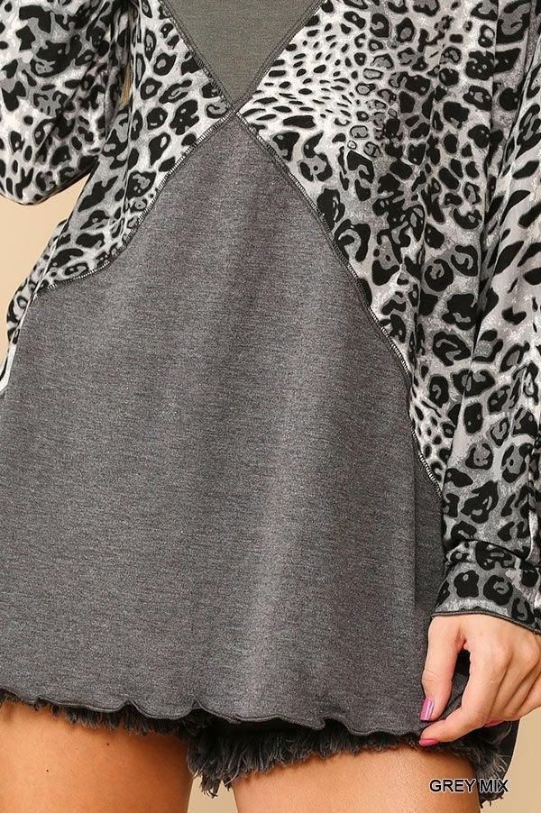 Solid And Animal Print Mixed Knit Turtleneck Top With Long Sleeves | Mixtshop LLC