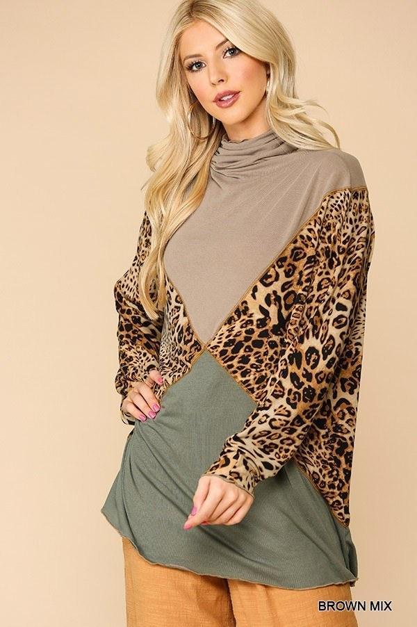 Solid And Animal Print Mixed Knit Turtleneck Top With Long Sleeves Secondary image