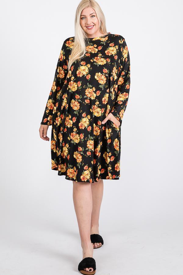 Floral Mock Neck Hidden Pocket Round Hem Midi Dress | Mixtshop LLC