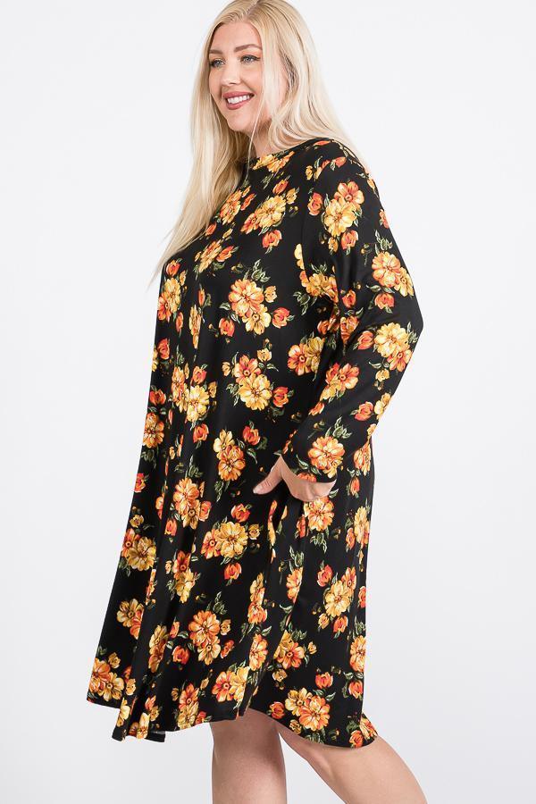 Floral Mock Neck Hidden Pocket Round Hem Midi Dress | Mixtshop LLC
