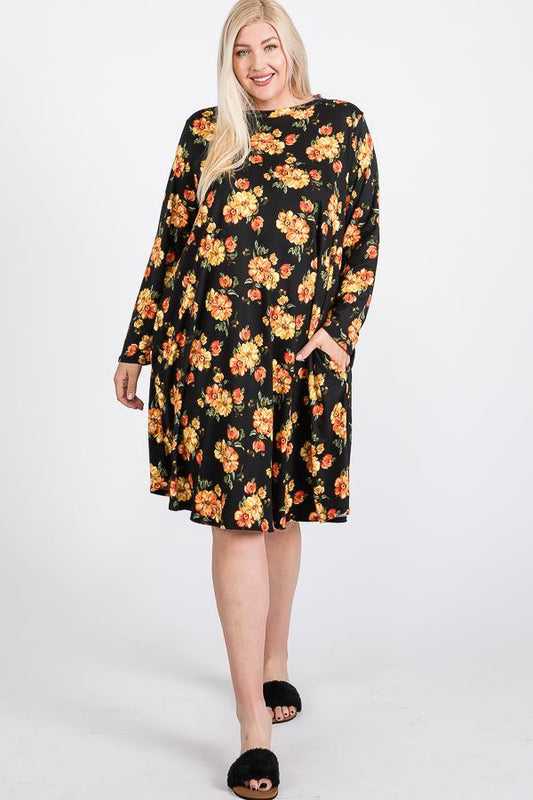 Floral Mock Neck Hidden Pocket Round Hem Midi Dress | Mixtshop LLC